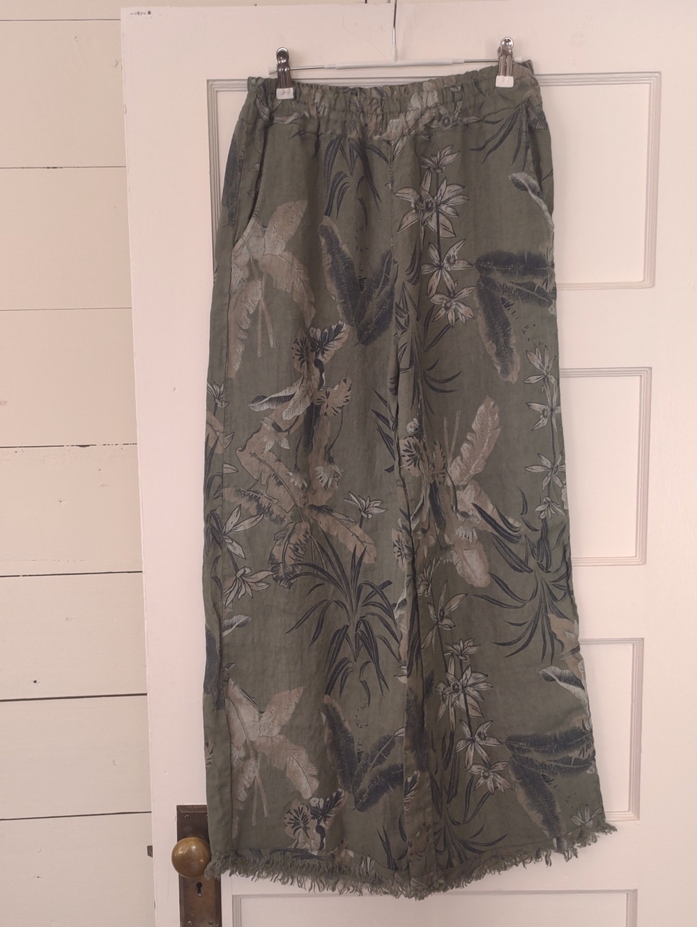 Olive Green Floral Wide-Leg Linen Pants